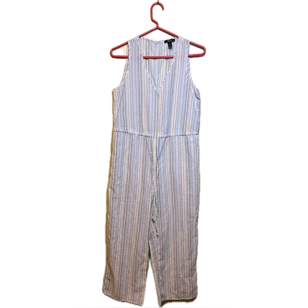 Drew Anthro Womens Cropped Wideleg Linen Blend Jumpsuit Cream Blue Striped Sz Xs